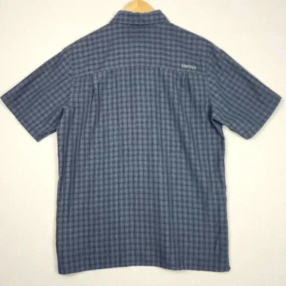 Marmot Men's Button Up Shirt Med. Short Sleeve Blue Plaid Side Split Relaxed - Picture 9 of 16